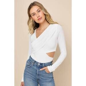 Lulus Making The Cut Ivory Long Sleeve Cutout Bodysuit White - Size M